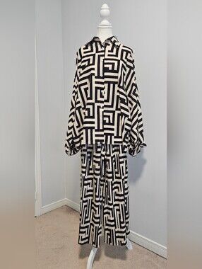 SHEIN Black & Cream Geometric Wide Leg Jumpsuit